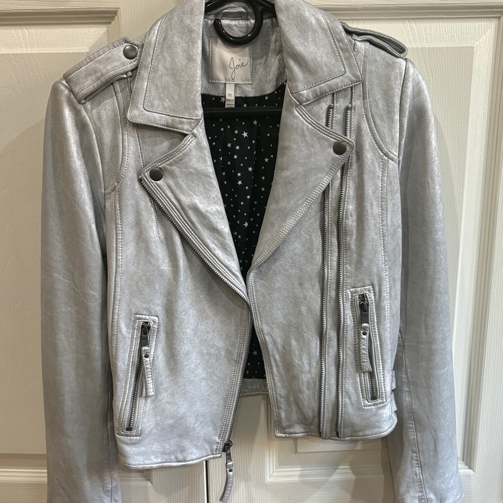 Joie Metallic Silver Leather Jacket